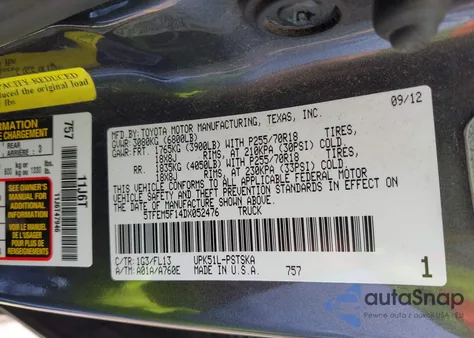 2013 Toyota Tundra Grade 4.6L V8 from USA, damaged, VIN 5TFEM5F14DX052476